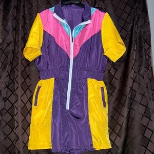 Juniors Multi Colored Zip-Up Onesie Short Set, M, L